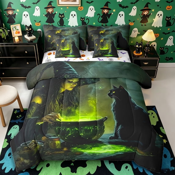 Manfei Gothic Witch Cauldron Queen Bedding 7pcs, Halloween Magical Black Cat Bedding Comforter Set Queen, Green Dark Gold,Reversible