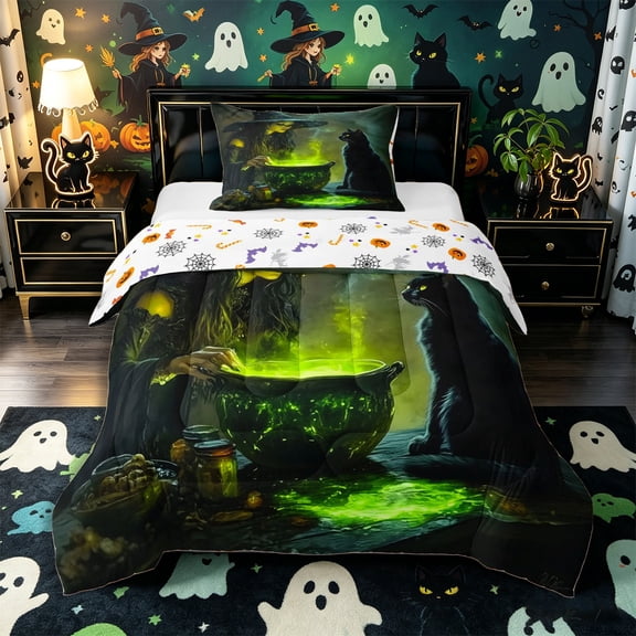 Manfei Gothic Witch Cauldron Twin Comforter Sets 2pcs, Halloween Magical Black Cat Bedding Set, Green Dark Gold,Reversible,1 Comforter and 1 Pillowcase