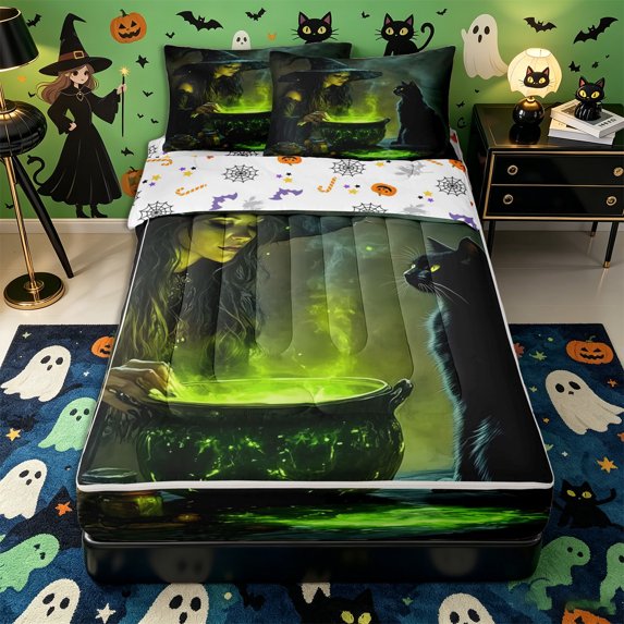 Manfei Gothic Witch Cauldron Zipper Full Size Comforter Sets with Fitted Sheet and 2 Pillowcases, Halloween Magical Black Cat Zipper Bedding Set, Green Dark Gold,Reversible,4-Piece