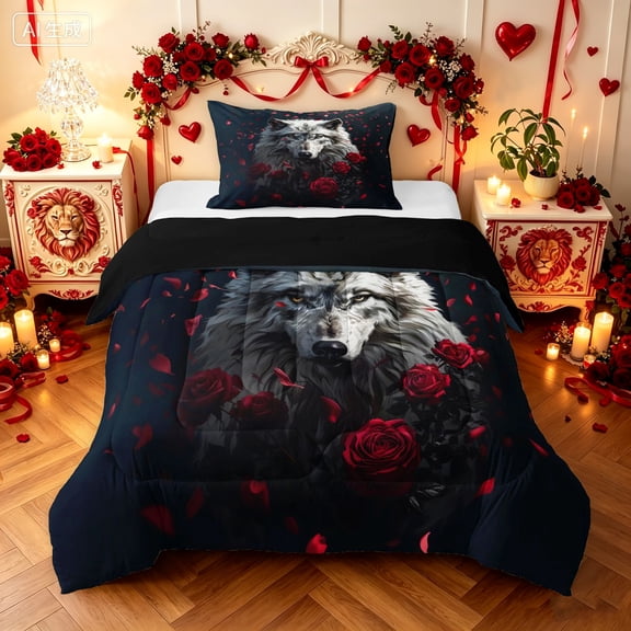 Manfei Gothic Wolf Twin Comforter Sets, Maximalist Rose Art Bedding Set, Black Burgundy, Black Reversible, 2-Piece, 1 Comforter and 1 Pillowcase