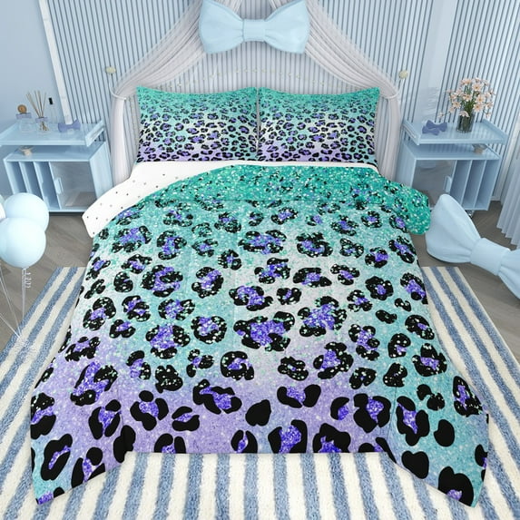 Manfei Gradient Bling Glitter 3 Pieces Queen Comforter Set for Children Teens Female,Cheetah Leopard Print Ultra Soft Bedding Sets,Dreamy Princess Bedding Comforter Set,Super Cozy Room Decor