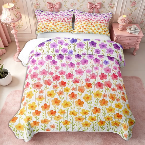 Manfei Gradient Blossom Bed Spread Queen 3pcs,Spring Garden Queen Coverlet Set,1 Quilt and 2 Pillowcases