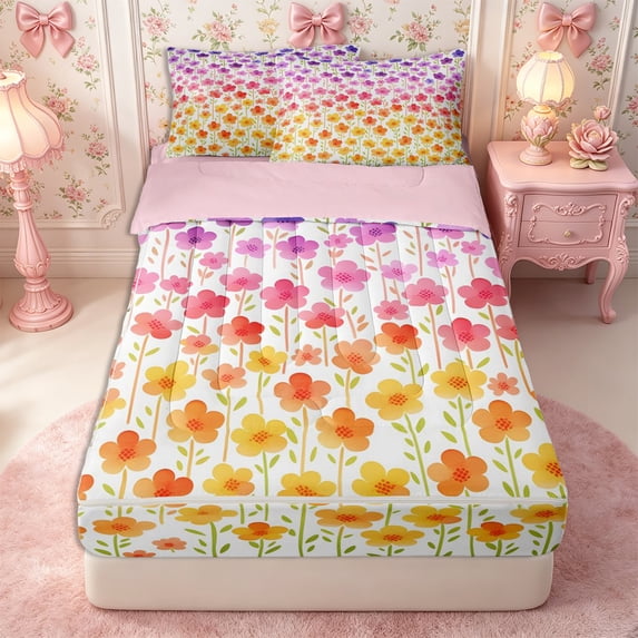 Manfei Gradient Blossom Zipper Twin Comforter Sets with Fitted Sheet and 2 Pillowcases,Spring Garden Zipper Bedding Set,Reversible