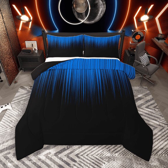 Manfei Gradient Blue Bedding Comforter Set 2pcs, Geometric Neon Lights Twin Comforter Sets, Modern Abstract Black Bedding Set, Ultra Soft Home Decor
