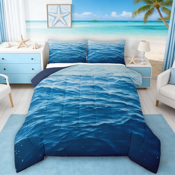 Manfei Gradient Blue Ocean Full Size Comforter Sets for Kids Boys and Girls, Sea Water Print Bedding Sets, Navy Reversible 3pcs, 1 Comforter and 2 Pillowcases