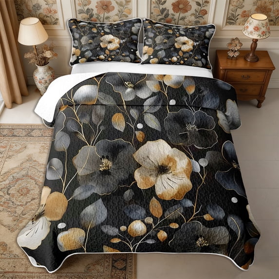 Manfei Gradient Botanical Flower Quilt Full 3-Piece,Spring Garden Full Bedspread Sets,1 Coverlet and 2 Pillowcases