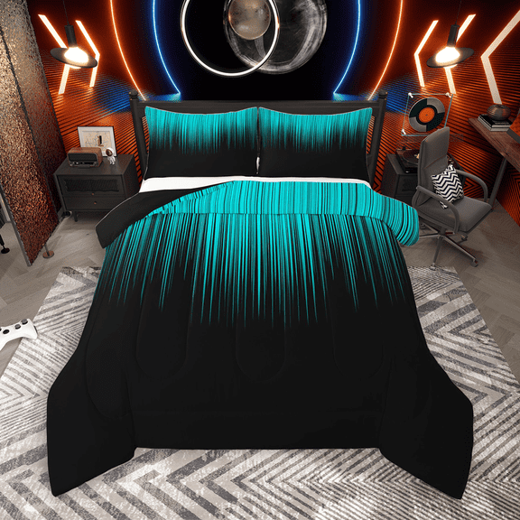 Manfei Gradient Cyan Bedding Comforter Set 2pcs, Geometric Neon Lights Twin Comforter Sets, Modern Abstract Black Bedding Set, Lightweight Room Decor