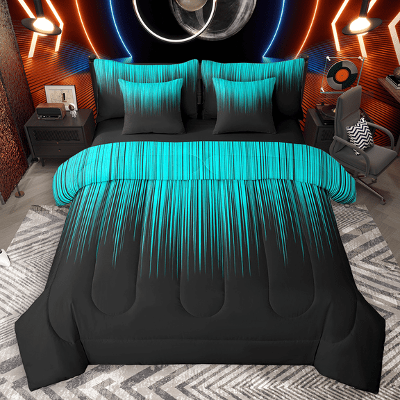 Manfei Gradient Cyan Twin Bedding Sets 7pcs, Geometric Neon Lights Bedding Comforter Set, Modern Abstract Black Sheet Sets, Lightweight Room Decor