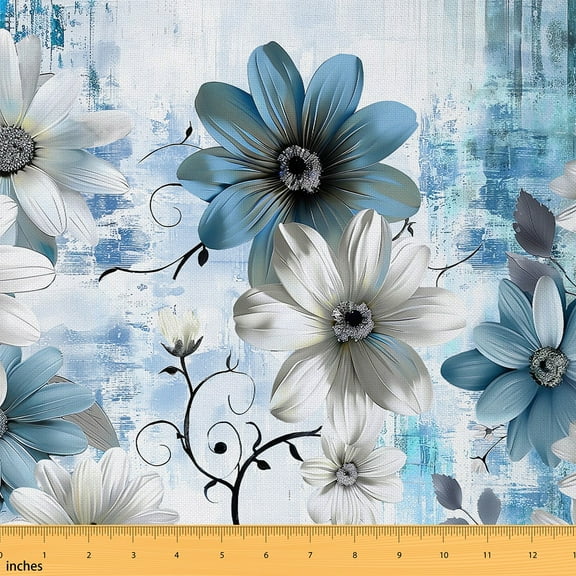 Manfei Gradient Floral Sewing & Crafting Fabric (1 Yard) for Girls, Blue Flower Home Decor Fabric by the Yard, Modern Oil Painting Fabric by the Yard