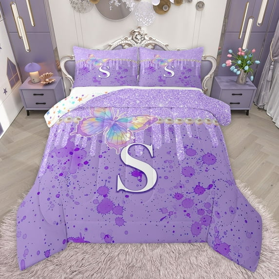 Manfei Gradient Flying Butterfly 2pcs Bedding Comforter Set for Children Kids Teens,Letter Monogrammed Initial S Twin Comforter Sets,Bling Glitter Breathable Bedding Set,Graffiti Splash Decor