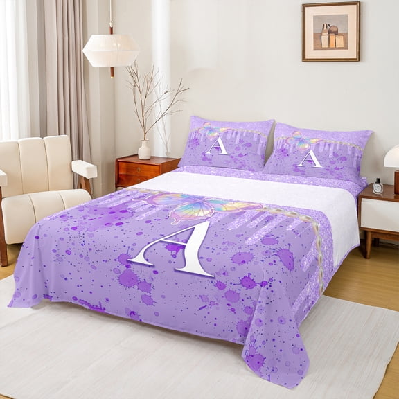 Manfei Gradient Flying Butterfly 3pcs Twin Sheet Sets for Children Kids Teens,Letter Monogrammed Initial A Twin Fitted Sheet,Bling Glitter Breathable Flat Sheet,Graffiti Splash Home Decor