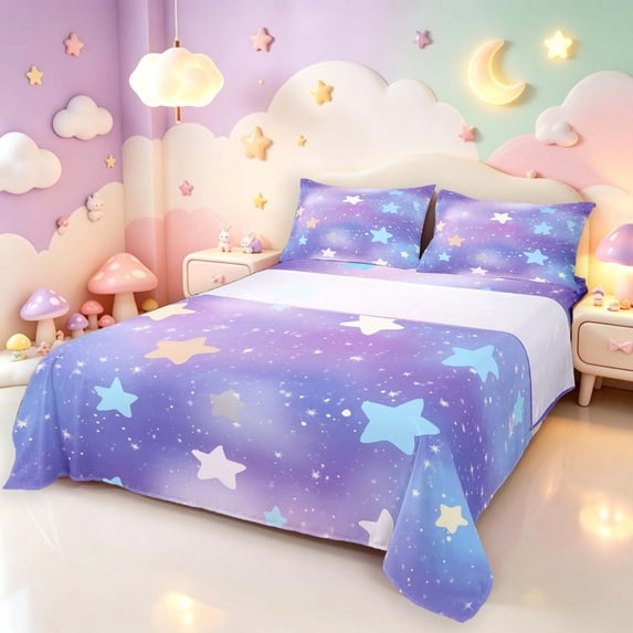 Manfei Gradient Galaxy Bed Sheets,Cute Stars Full Size Sheets,Purple Blue,4-Piece,1 Flat Sheet,1 Fitted Sheet and 2 Pillowcases