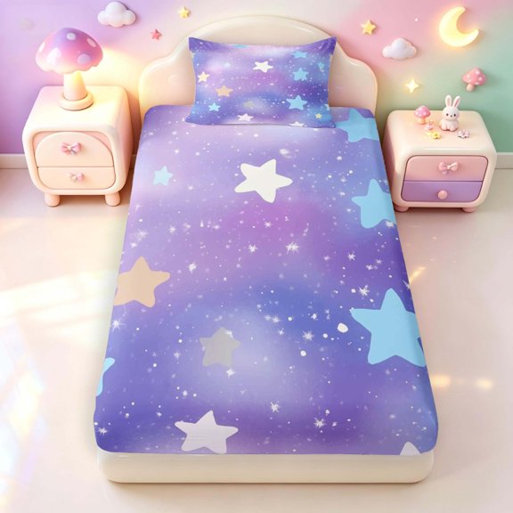 Manfei Gradient Galaxy Twin Fitted Sheet,Cute Stars Bedding,Purple Blue,2pcs
