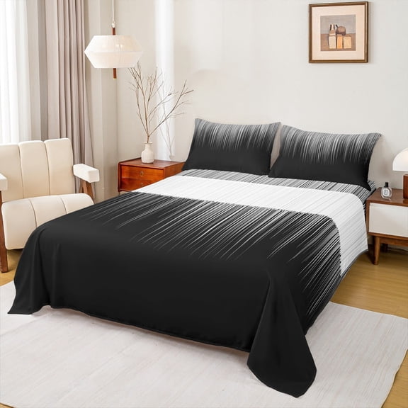 Manfei Gradient Gray Twin Sheet Sets 3pcs, Geometric Neon Lights Twin Fitted Sheet, Modern Abstract Black Flat Sheet, Breathable Home Decor