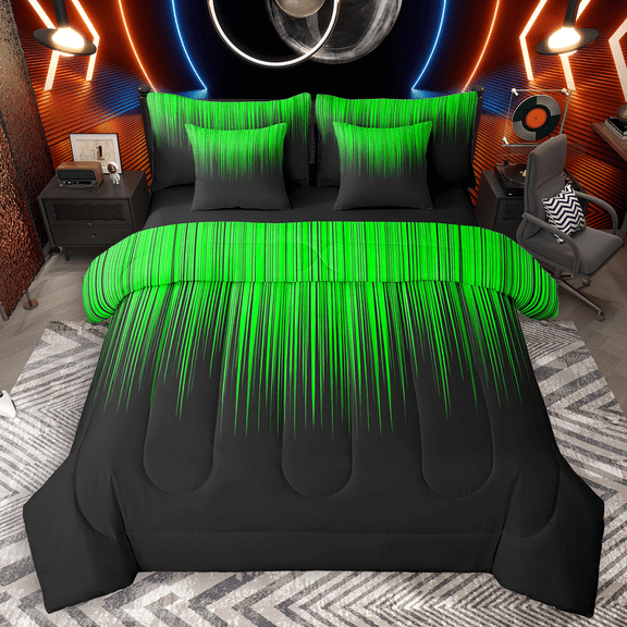 Manfei Gradient Green Bedding Comforter Set 7pcs, Geometric Neon Lights King Bedding Sets, Modern Abstract Black Bed Sheets, Luxury Bedroom Decor
