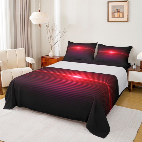 Manfei Gradient Horizontal Line Bed Sheets, Glowing Neon Light Fuul Size Sheets, Red and Black, Black Reversible 4 Pieces1 Flat Sheet + 1 Fitted Sheet + 2 Pillowcases