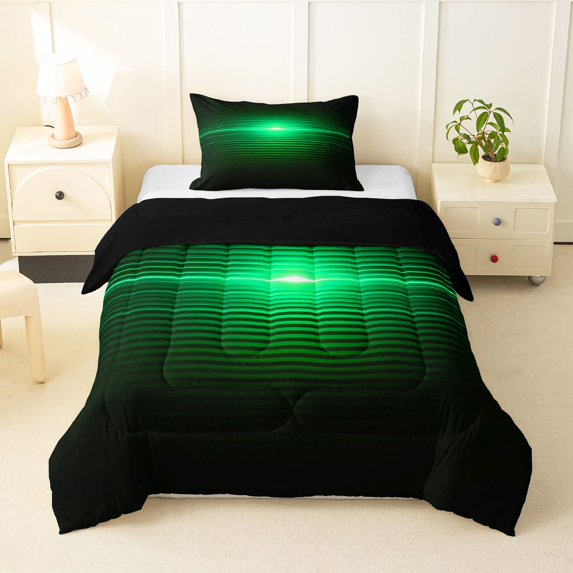 Manfei Gradient Horizontal Line Twin Comforter Sets, Glowing Neon Light Bedding Set, Green and Black, Black Reversible 2pcs, 1 Comforter and 1 Pillowcase