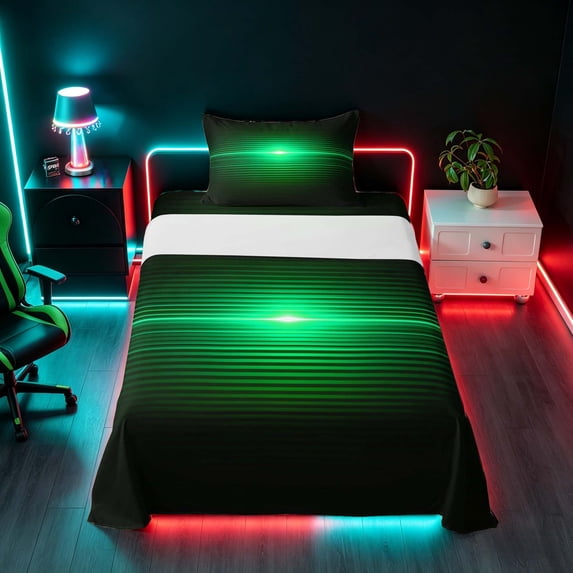 Manfei Gradient Horizontal Line Twin Sheets, Glowing Neon Light Bedding, Green and Black, Black Reversible 3pcs1 Flat Sheet + 1 Fitted Sheet + 1 Pillowcase