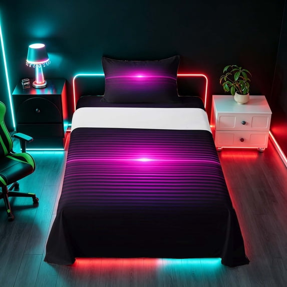 Manfei Gradient Horizontal Line Twin Sheets, Glowing Neon Light Bedding, Purple and Black, Black Reversible 3-Piece1 Flat Sheet + 1 Fitted Sheet + 1 Pillowcase