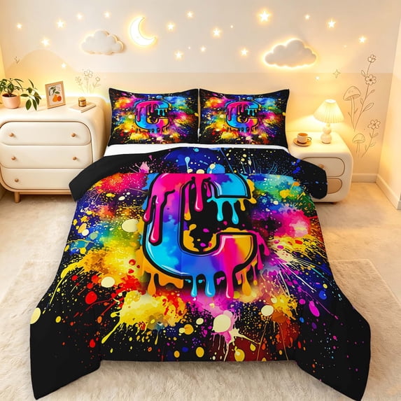 Manfei Gradient Initial C Queen Comforter Set,Aesthetic Art Comforter Sets Queen,Black,Black Reversible,3 Pieces,1 Comforter and 2 Pillowcases