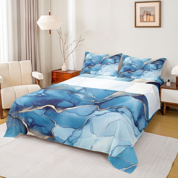 Manfei Gradient Marble 4 Pieces Queen Sheet Sets for Adults Female Men,Abstract Marbling Watercolor Ultra Soft Flat Sheet,Stone Pattern Queen Fitted Sheet,Luxury Bedroom Decor