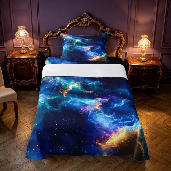 Manfei Gradient Multicolor Nebula Twin Sheets,Celestial Deep Space Bedding,3-Piece,1 Flat Sheet,1 Fitted Sheet and 1 Pillowcase