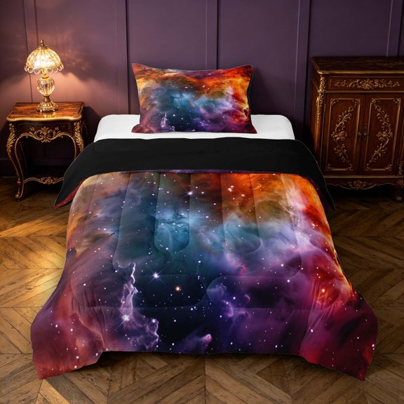 Manfei Gradient Nebula Twin Comforter Sets,Celestial Space Bedding Set,Orange Teal Purple,Black Reversible,2-Piece,1 Comforter and 1 Pillowcase