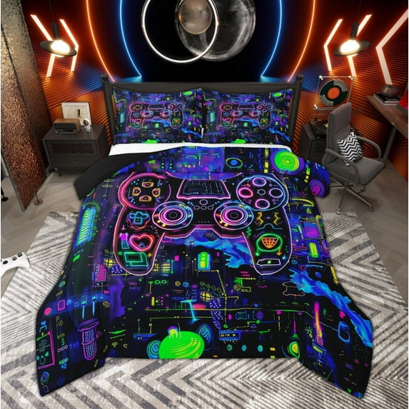 Manfei Gradient Neon Game Controller Bedding Comforter Set, Teens Gamer Gaming Twin Comforter Sets, Modern Circuit Board Bedding Set Breathable Home Decor, 2pcs Reversible