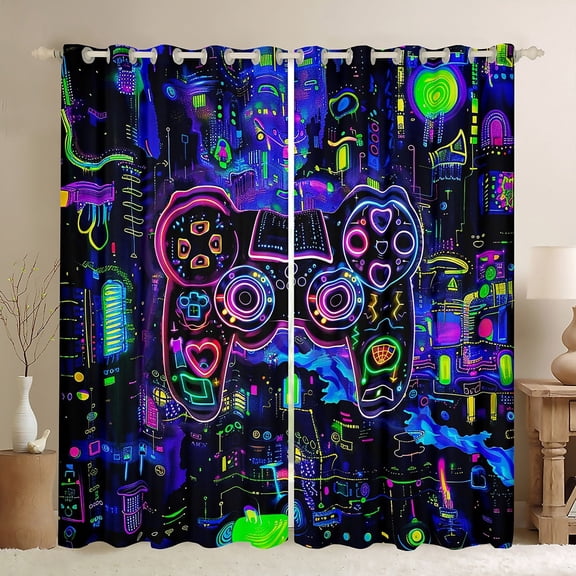 Manfei Gradient Neon Game Controller Blackout Curtains Set of 2 (52x84 Each), Teens Gamer Gaming Window Curtains, Modern Circuit Board Curtains and Drapes Luxurious Home Decor