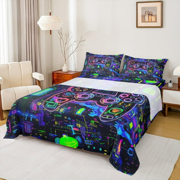 Manfei Gradient Neon Game Controller Twin Sheet Sets, Teens Gamer Gaming Twin Fitted Sheet, Modern Circuit Board Flat Sheet Breathable Home Decor 3-Piece