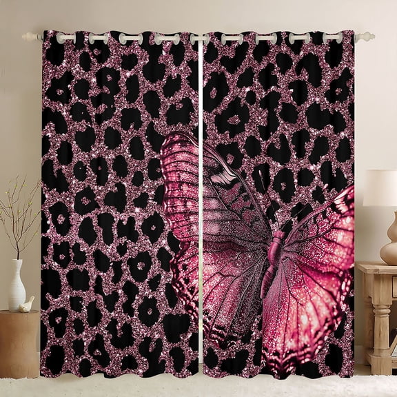 Manfei Gradient Pink Butterfly Black Out Curtains for Teens Children Female,Leopard Print Curtains Pack of 2 (42x63 Each),Bling Glitter Bedroom Curtains,Luxury Bedroom Decor