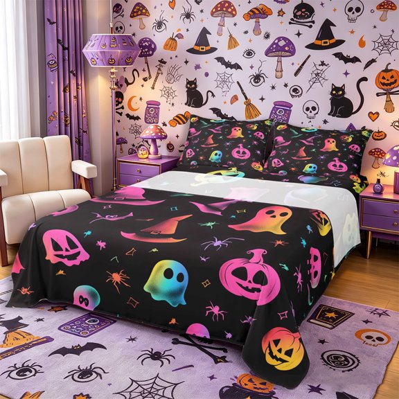Manfei Gradient Pumpkin Witch Hat Bed Sheets 4-Piece, Halloween Ghost Spider Bat Full Size Sheets, Pink Blue Yellow,1 Fitted Sheet, 1 Flat Sheet and 2 Pillowcases