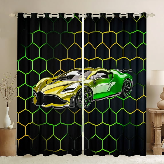 Manfei Gradient Race Car Blackout Curtains Set of 2 (52x84 Each),Kids Speed Sport Window Curtains,Yellow Green Black Curtains and Drapes For Boys,Luxury Bedroom Decor