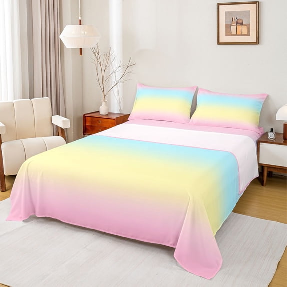 Manfei Gradient Rainbow 3pcs Twin Sheet Sets for Teens Girls Children,Dreamy Princess Twin Fitted Sheet,Abstract Ombre Watercolor Breathable Flat Sheet,Microfiber Bedroom Decor