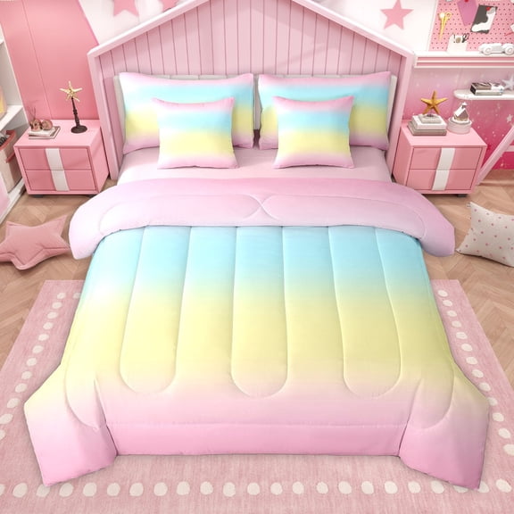 Manfei Gradient Rainbow 7-Piece Bedding Comforter Set for Teens Girls Children,Dreamy Princess King Bedding Sets,Abstract Ombre Watercolor Ultra Soft Bed Sheets,Microfiber Bedroom Decor