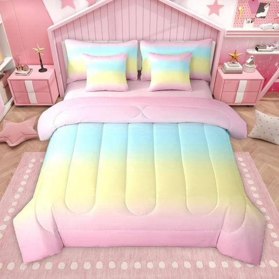 Manfei Gradient Rainbow 7 Pieces Bedding Comforter Set for Teens Girls Children,Dreamy Princess Full Bedding Set Lightweight,Abstract Ombre Watercolor Fitted Sheet Flat Sheet