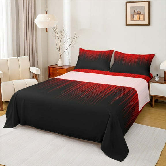 Manfei Gradient Red Bed Sheets 4pcs, Geometric Neon Lights King Sheets, Modern Abstract Black Sheet Set, Microfiber Bedroom Decor