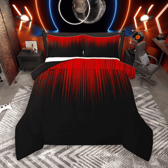 Manfei Gradient Red Bedding Comforter Set 2pcs, Geometric Neon Lights Twin Comforter Sets, Modern Abstract Black Bedding Set, Microfiber Bedroom Decor