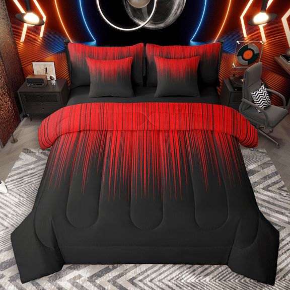 Manfei Gradient Red Bedding Comforter Set 7pcs, Geometric Neon Lights King Bedding Sets, Modern Abstract Black Bed Sheets, Microfiber Bedroom Decor