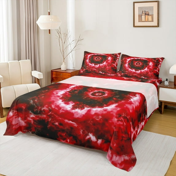 Manfei Gradient Red Spiral Bed Sheets Set King Size,Tie-Dye Style Bedding Sets King Size,Galaxy Starry Sky Bed Sheets King,Breathable Bedroom Decorative,4-Piece