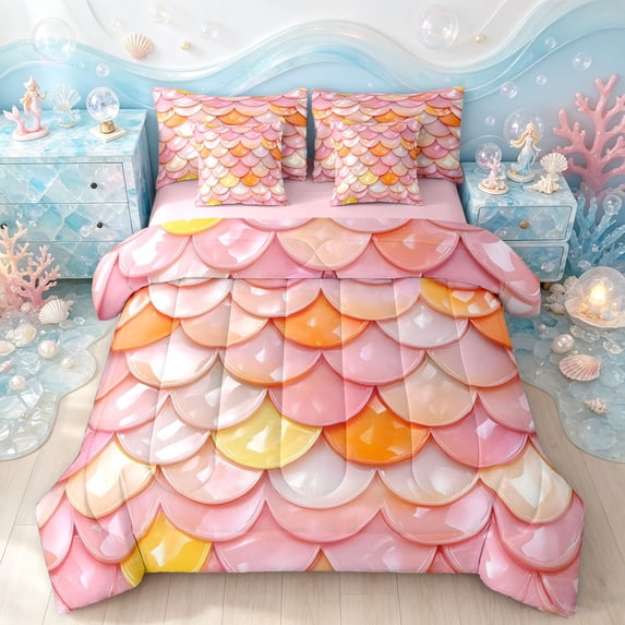 Manfei Gradient Scale Queen Bedding, Kawaii Sea Mermaid Bedding Comforter Set Queen, Orange Pink, Pink Reversible, 7 Pieces