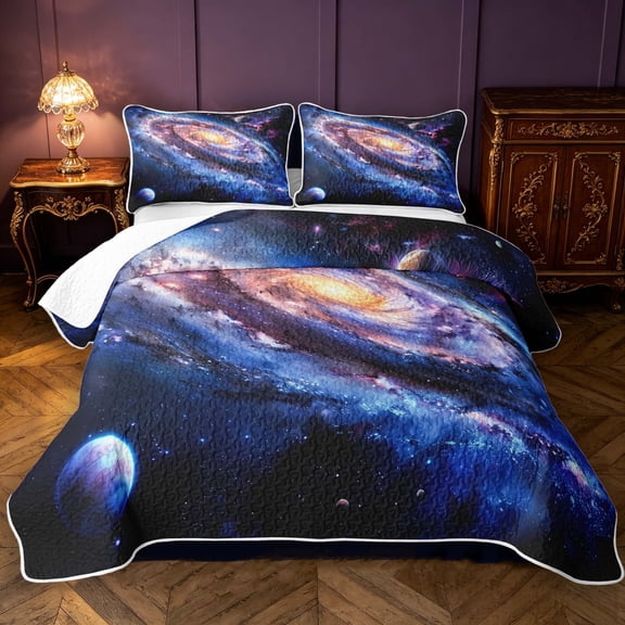 Manfei Gradient Spiral Galaxy Bed Spread Queen,Celestial Planets Queen Coverlet Set,Blue Purple Gold,Black Reversible,3pcs,1 Quilt and 2 Pillowcases