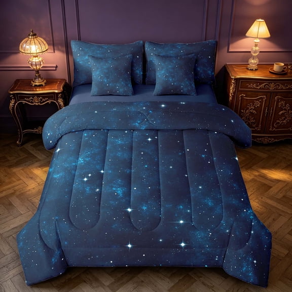 Manfei Gradient Starry Nebula 7-Piece Twin Bedding,Minimalist Night Sky Bedding Comforter Set,Teal Blue,Navy Blue Reversible