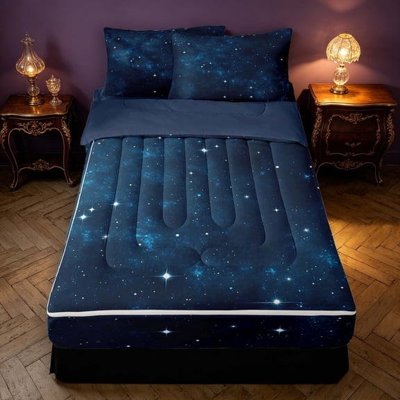 Manfei Gradient Starry Nebula Zipper Full Size Comforter Sets with Fitted Sheet and 2 Pillowcases,Minimalist Night Sky Zipper Bedding Set,Teal Blue,Navy Blue Reversible,4pcs