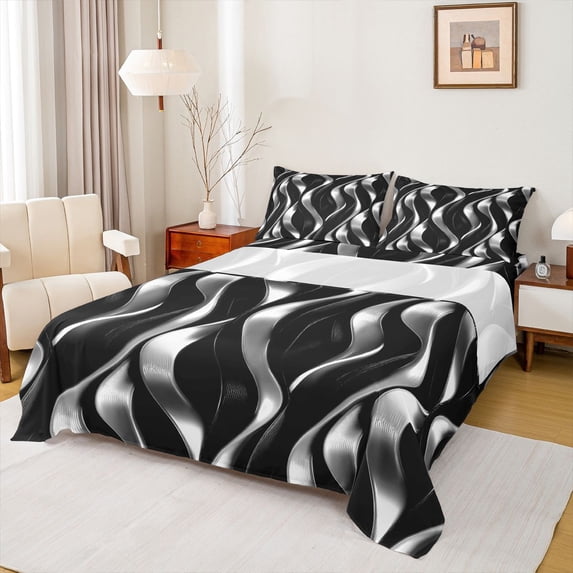 Manfei Gradient Stripes Bed Sheets, Shiny Abstract Lines Fuul Size Sheets, Black and Silver, Black Reversible 4pcs1 Flat Sheet + 1 Fitted Sheet + 2 Pillowcases