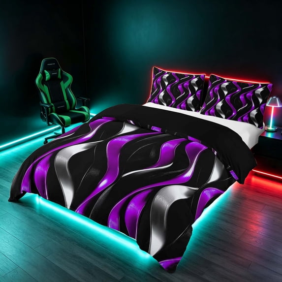 Manfei Gradient Stripes Bedding, Shiny Abstract Lines Duvet Cover Full, Purple, Black and Silver, Black Reversible 3 Pieces, 1 Duvet Cover and 2 Pillowcases