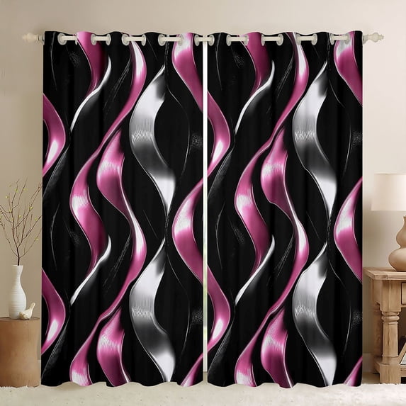 Manfei Gradient Stripes Blackout Curtains, Shiny Abstract Lines Curtains Pack of 2 (42x84 Each), Pink, Black and Silver
