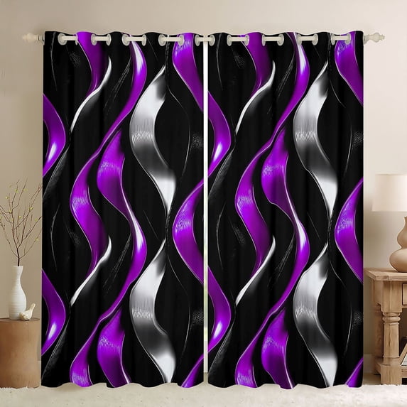 Manfei Gradient Stripes Blackout Curtains, Shiny Abstract Lines Curtains Pack of 2 (42x84 Each), Purple, Black and Silver