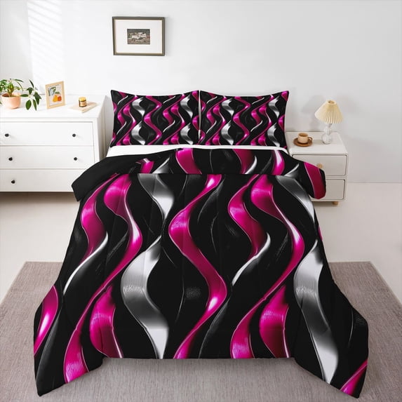 Manfei Gradient Stripes Full Size Comforter Sets, Shiny Abstract Lines Bedding Comforter Set, Hot Pink, Black and Silver, Black Reversible 3 Pieces, 1 Comforter and 2 Pillowcases
