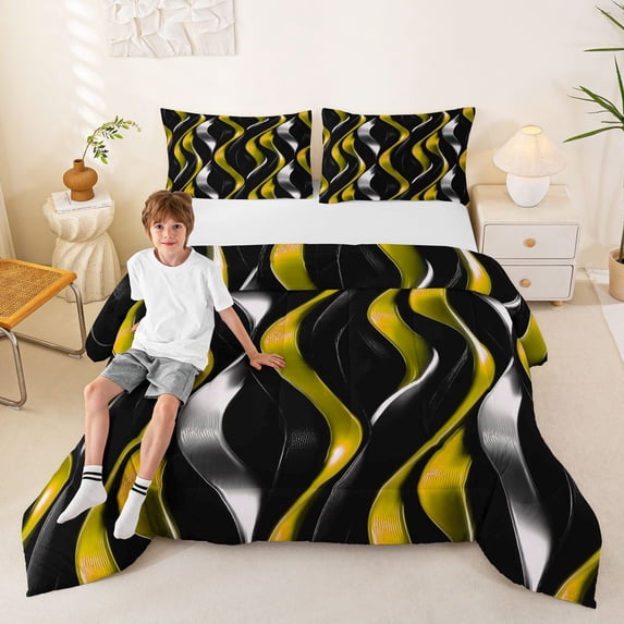 Manfei Gradient Stripes Queen Comforter Set, Shiny Abstract Lines Comforter Sets Queen, Gold, Black and Silver, Black Reversible 3-Piece, 1 Comforter and 2 Pillowcases